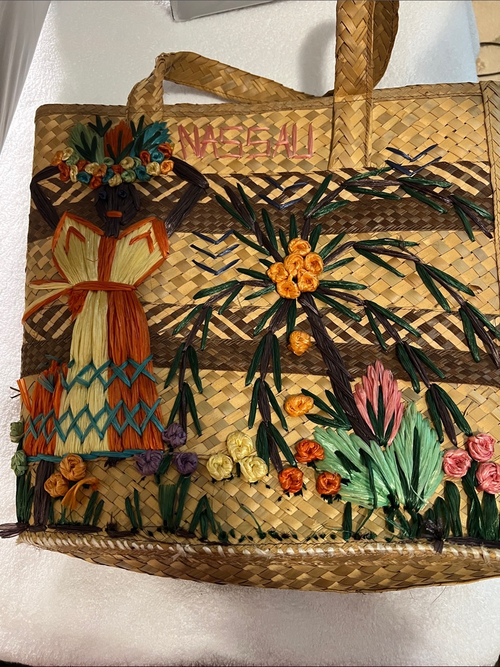 Oversized Vintage Island Inspired Woven Straw Nassau Bahamas Tote Bag